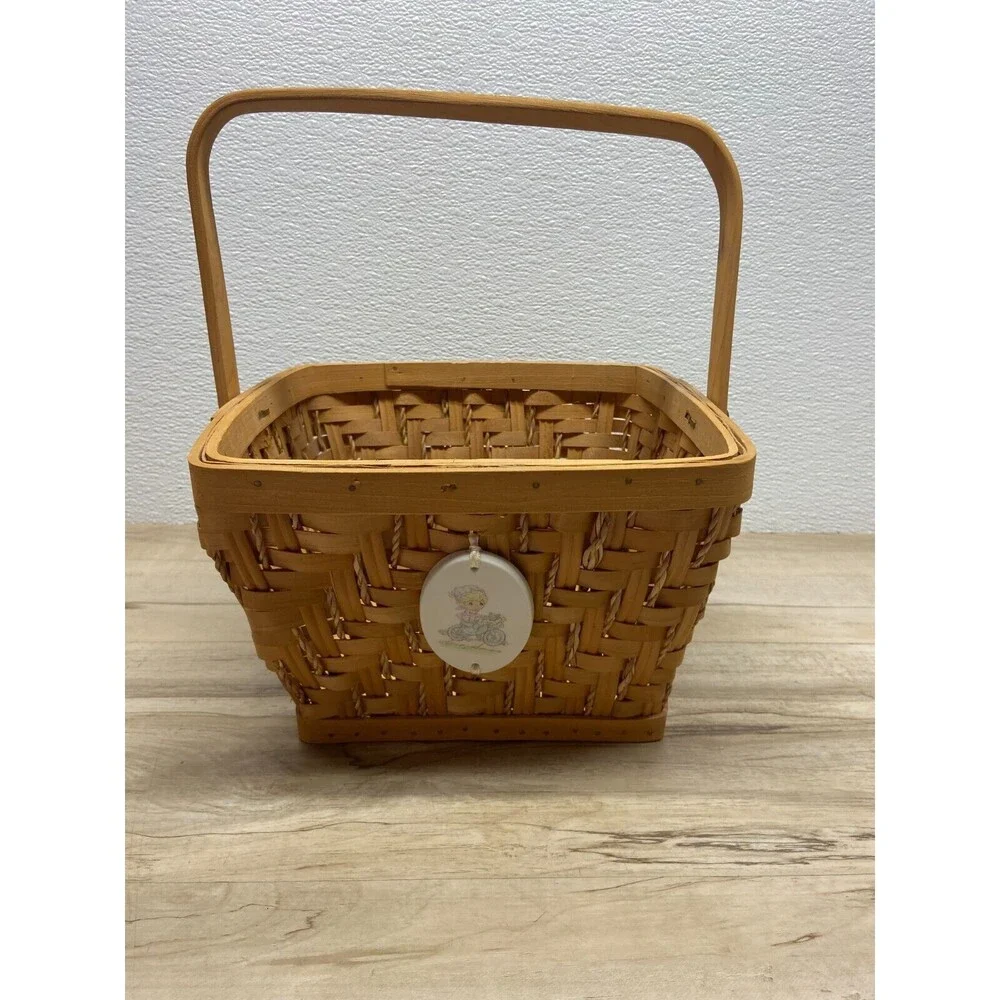 Precious Moments Square Wicker Wooden Basket With Porcelain Ornament